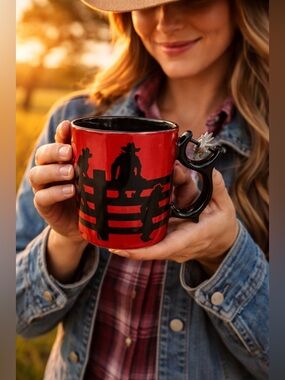 Department 56 Red Ceramic Mug with Black Cowboy Silhouettes and Spur Handle